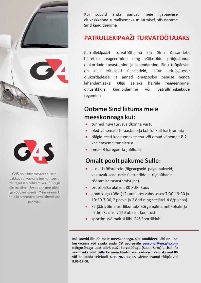 AS G4S Eesti Patrullekipaaži turvatöötaja (Saue, Saku)