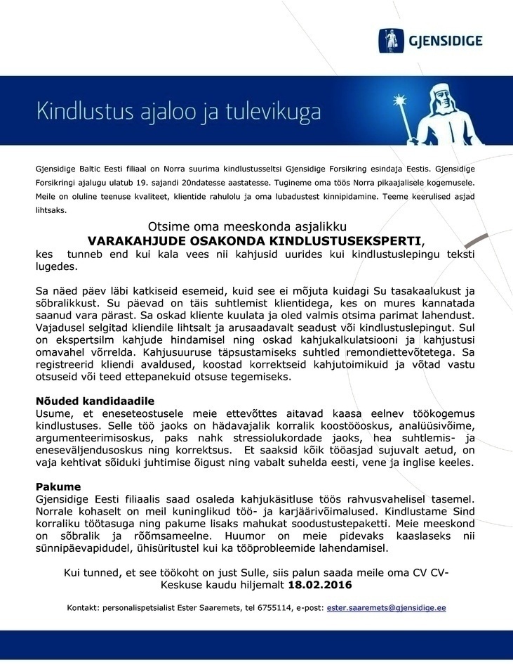 AAS Gjensidige Baltic Eesti filiaal Varakahjude osakonna kindlustusekspert