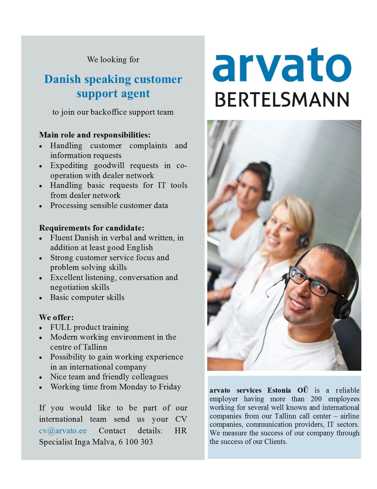 Arvato Services Estonia OÜ Danish Speaking Back Office Agent