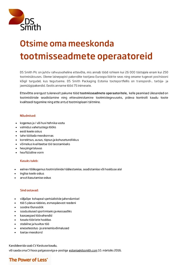 DS Smith Packaging Estonia AS Tootmisseadmete operaator