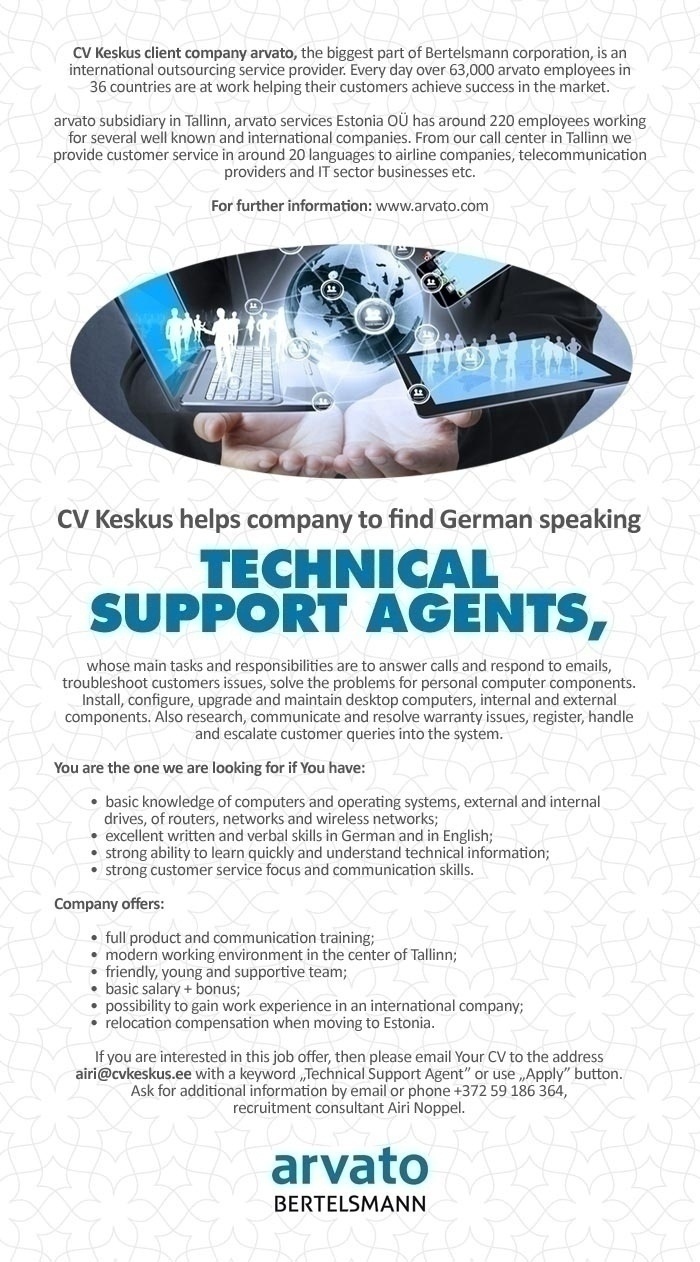 CV KESKUS OÜ Arvato is looking for German speaking technical support agents