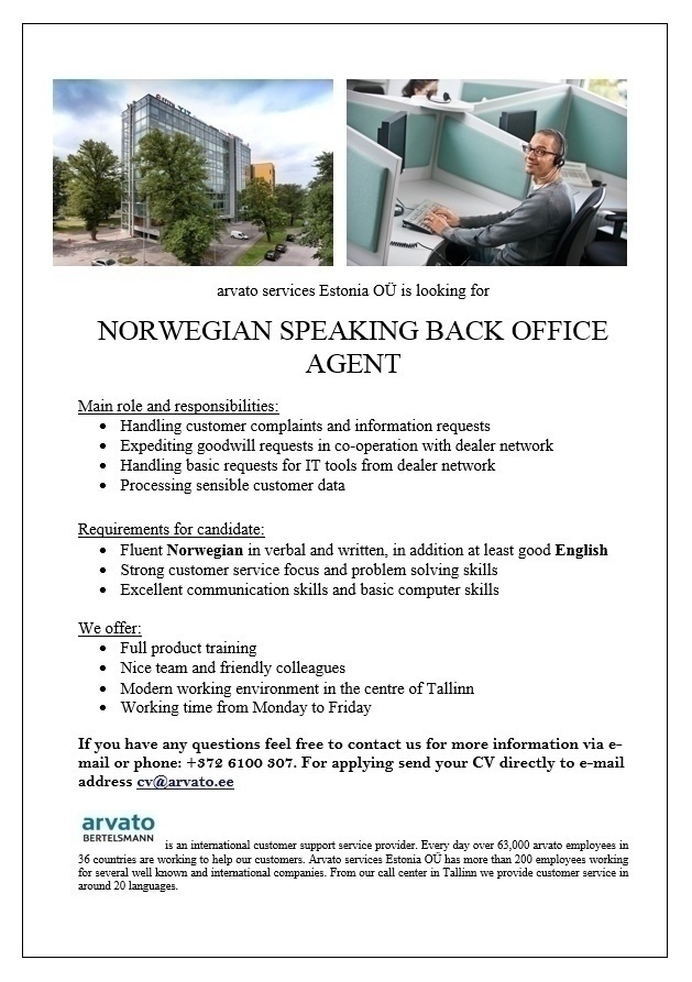 Arvato Services Estonia OÜ Norwegian Speaking Back Office Agent
