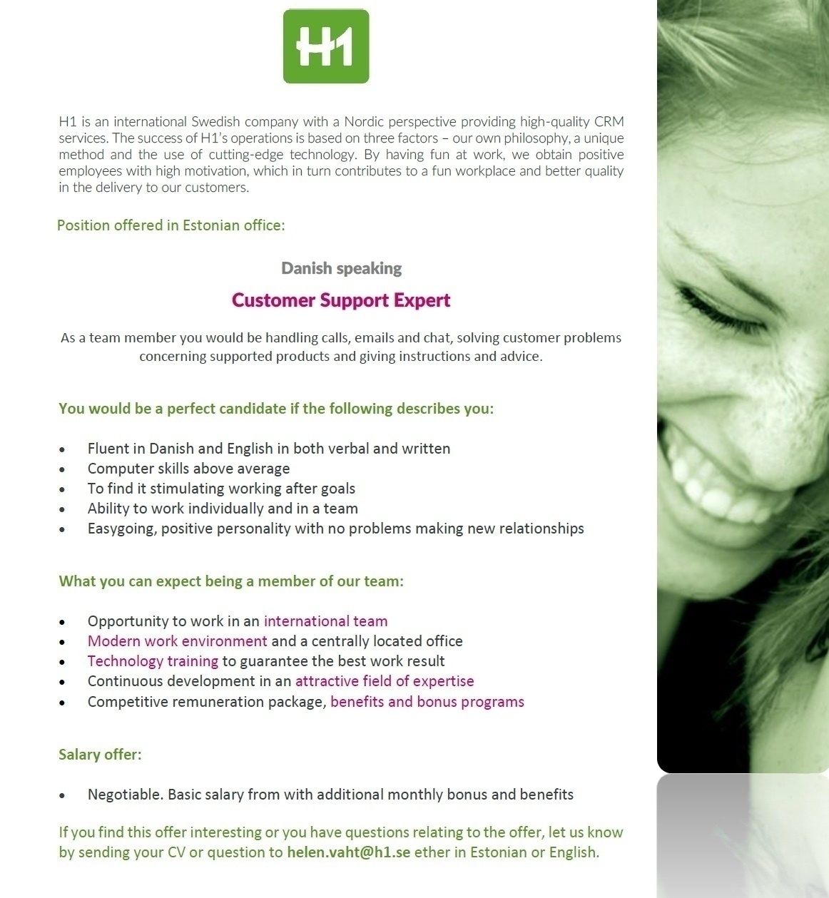 H1 Communication Estonia OÜ Customer Support Expert (Danish)
