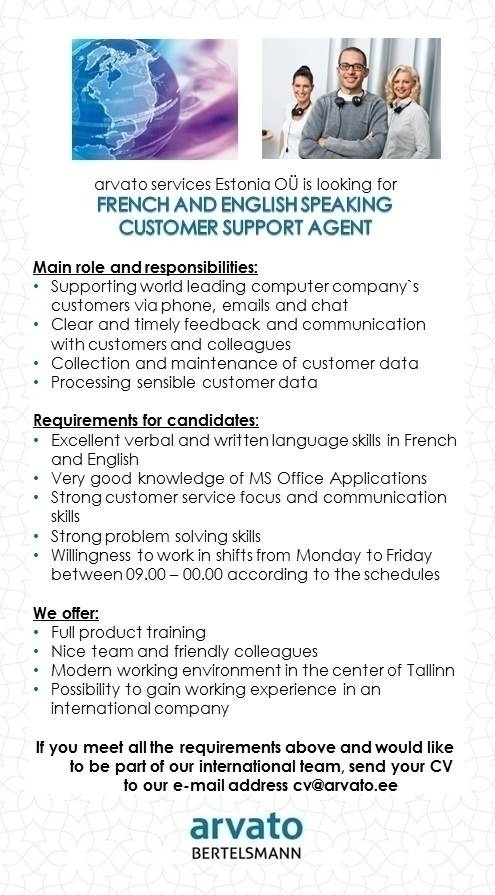 Arvato Services Estonia OÜ French and English speaking Customer Support Agent