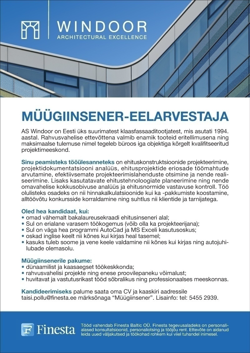 Finesta Baltic OÜ Müügiinsener-eelarvestaja