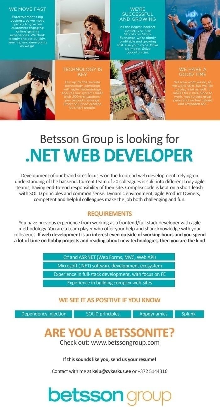 Estneti OÜ Betsson Group is looking for .NET WEB DEVELOPER