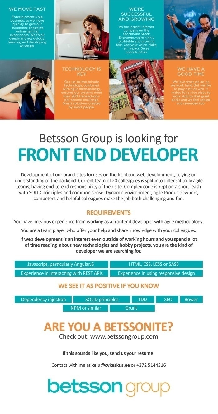 Estneti OÜ Betsson Group is looking for FRONT END DEVELOPER