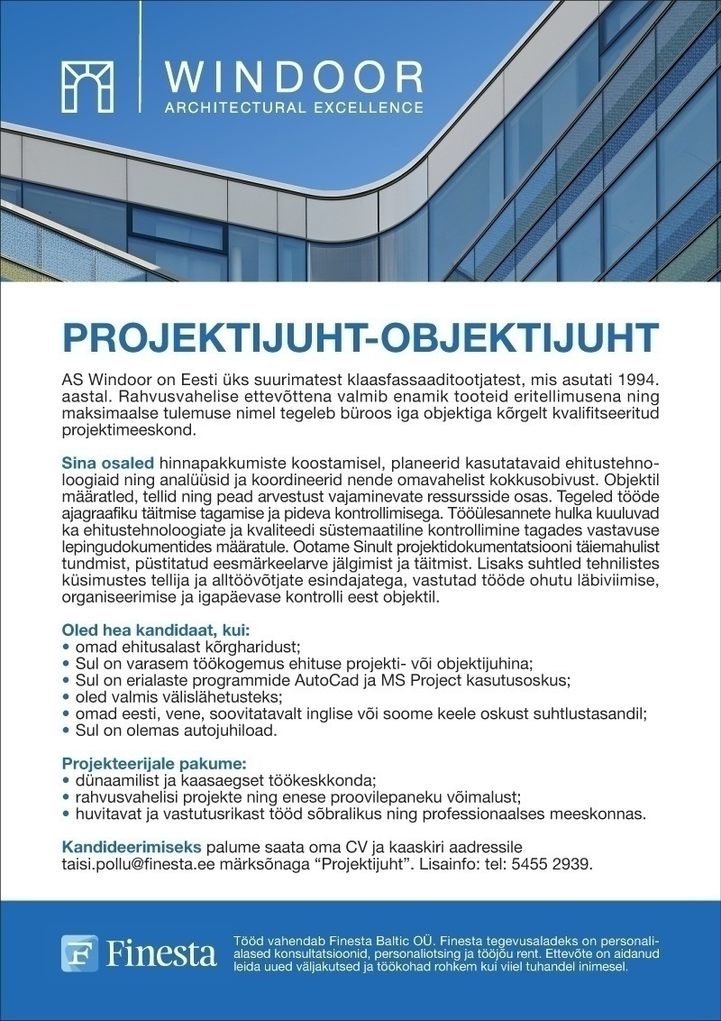 Finesta Baltic OÜ Projektijuht-objektijuht