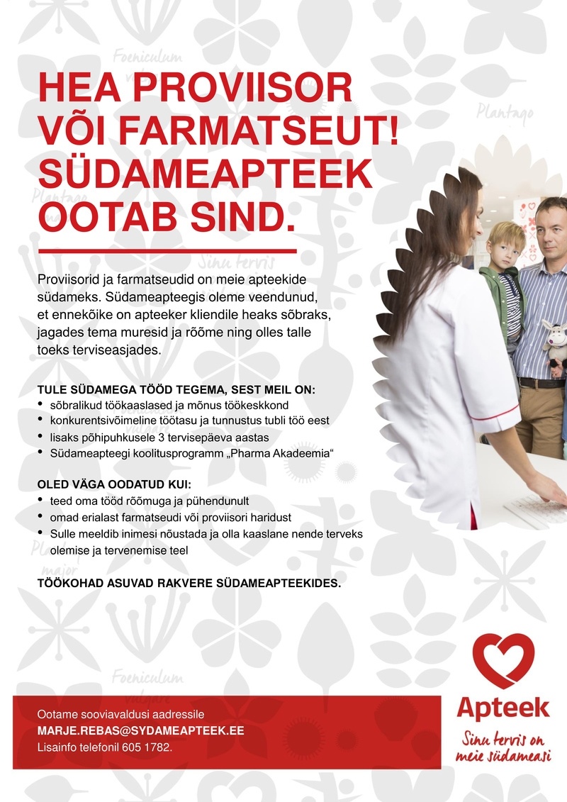 Pharma Holding OÜ Farmatseut või proviisor Rakvere Südameapteekides
