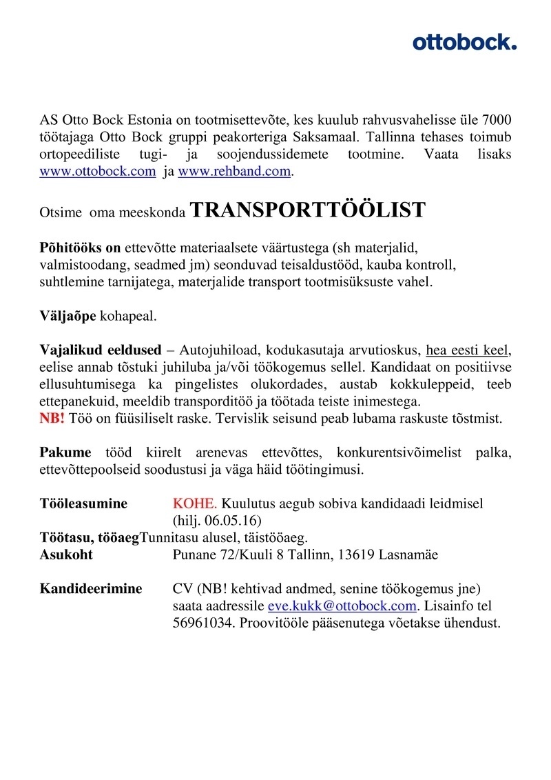 Otto Bock Estonia AS Transporttööline