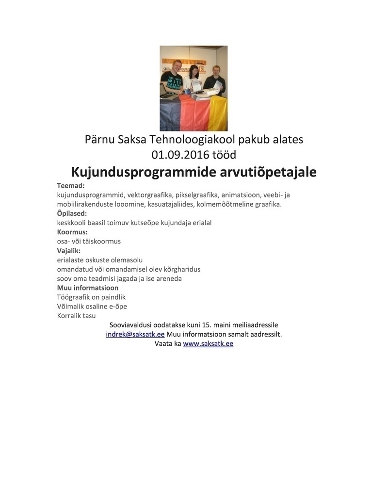 Pärnu Tehnikahariduskeskus OÜ KUJUNDUSPROGRAMMIDE ARVUTIÕPETAJA