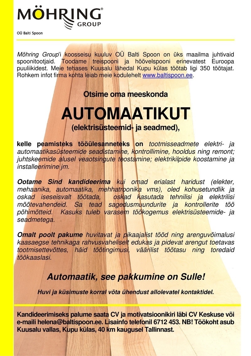 Balti Spoon OÜ Automaatik (elektrisüsteemid  ja -seadmed)