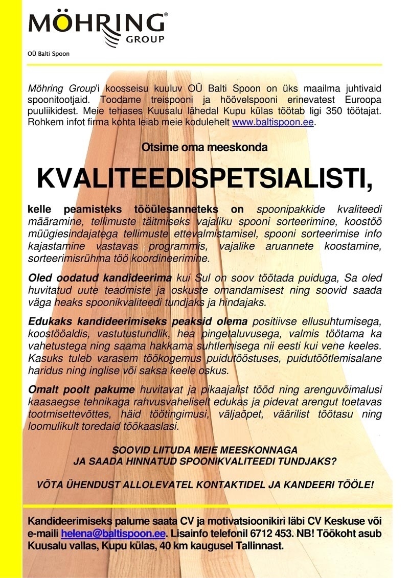Balti Spoon OÜ Kvaliteedispetsialist (spooni kvaliteedi hindamine)