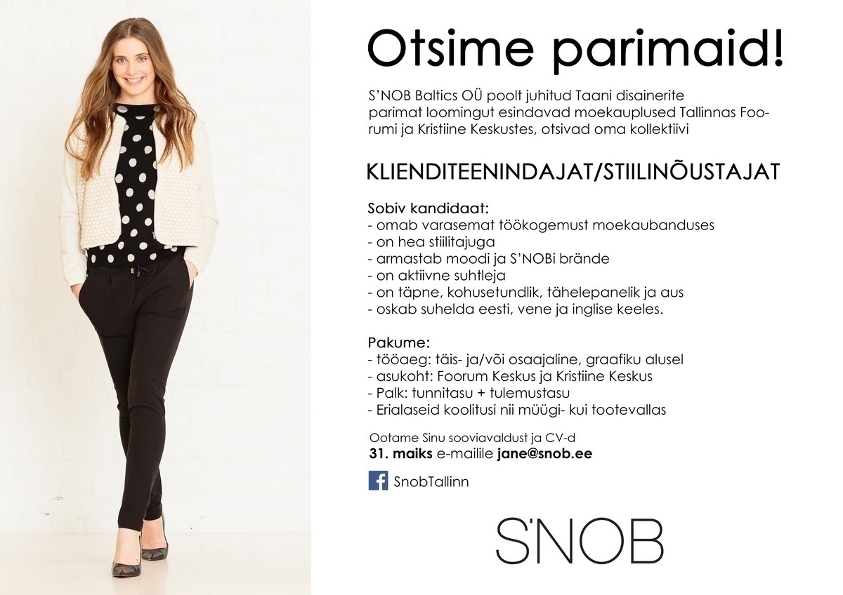 SNOB Baltics OÜ Klienditeenindaja/ stiilinõustaja