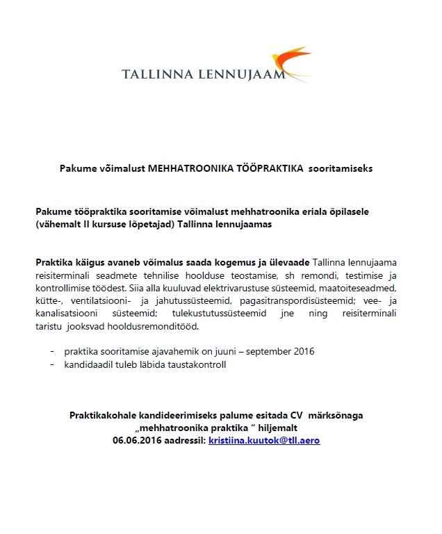 Tallinna Lennujaam AS MEHHATROONIKA TÖÖPRAKTIKA