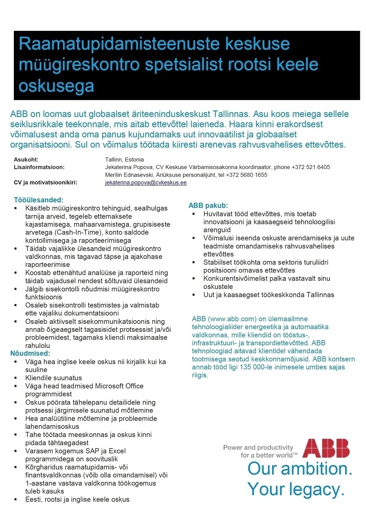 CV KESKUS OÜ ABB otsib müügireskontro spetsialisti rootsi keele oskusega