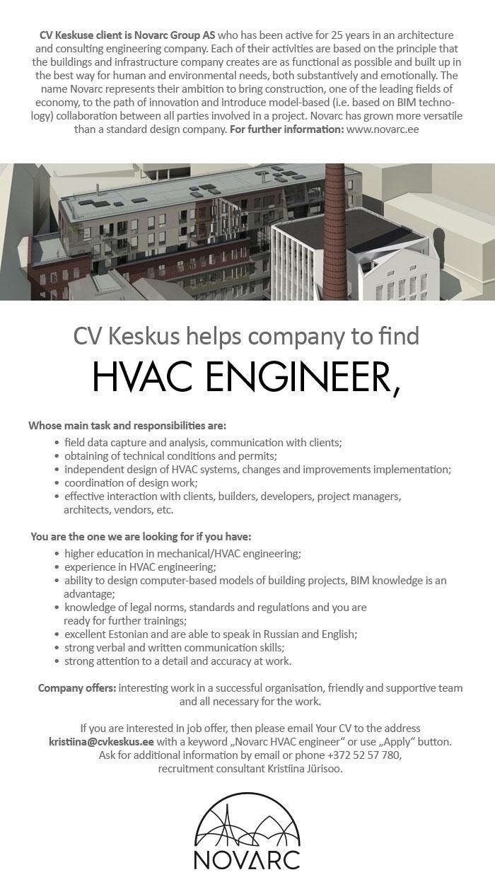 CV KESKUS OÜ Novarc is looking for HVAC engineer