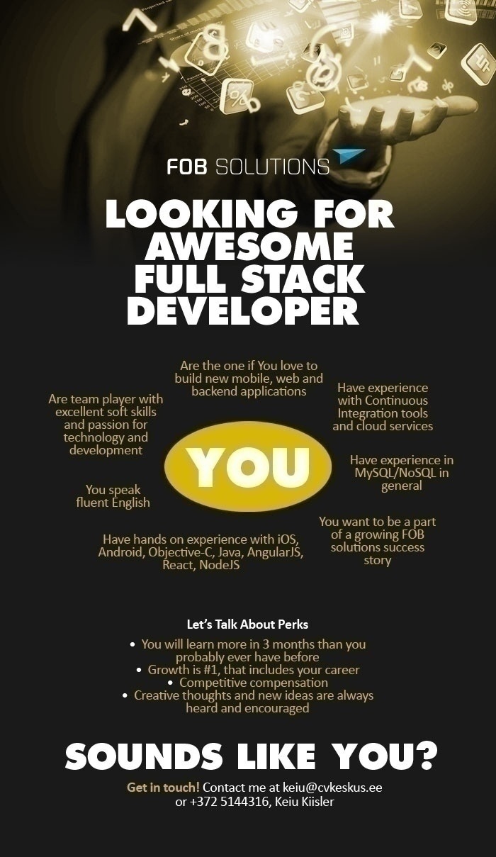 CV KESKUS OÜ FOB Solutions is looking for Full Stack Developer