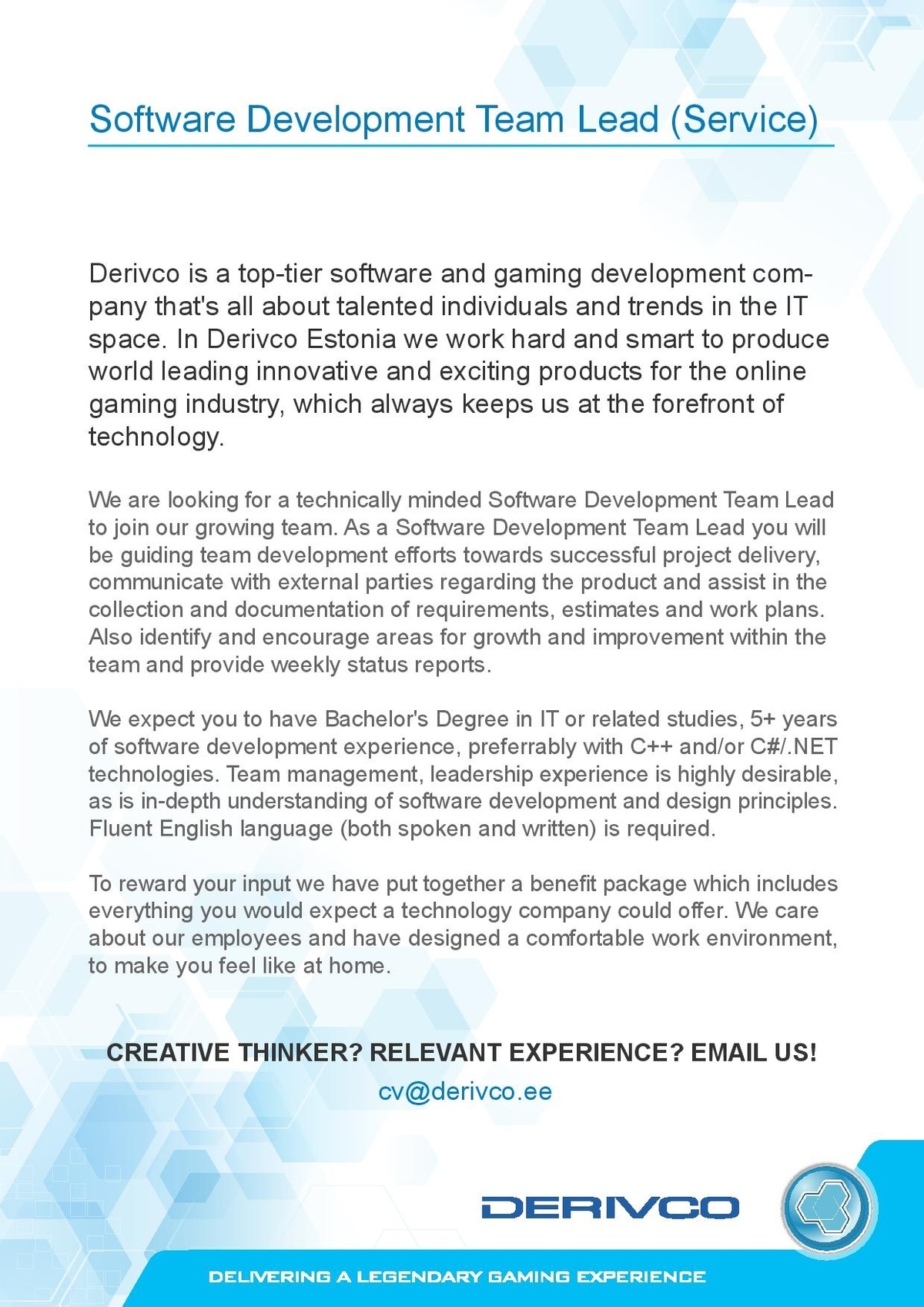 DERIVCO ESTONIA OÜ Software Development Team Lead (Service)
