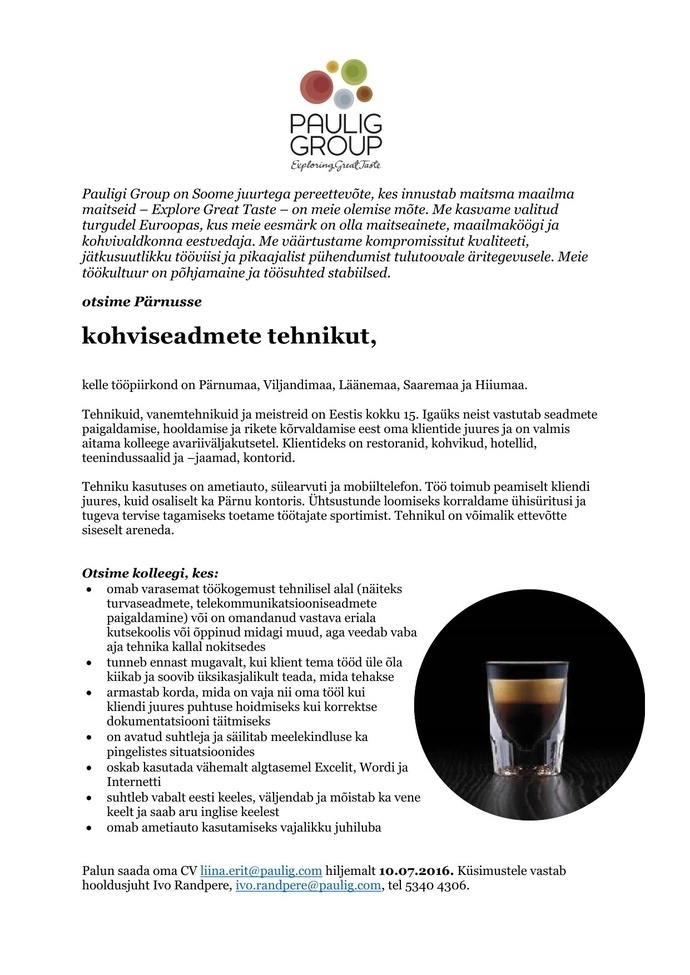 AS Paulig Coffee Estonia Kohviseadmete tehnik
