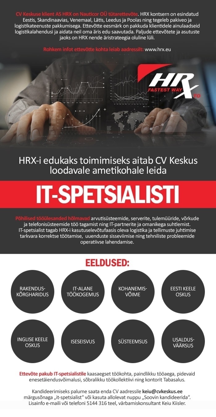CV KESKUS OÜ Tule HRX-i IT- spetsialistiks!
