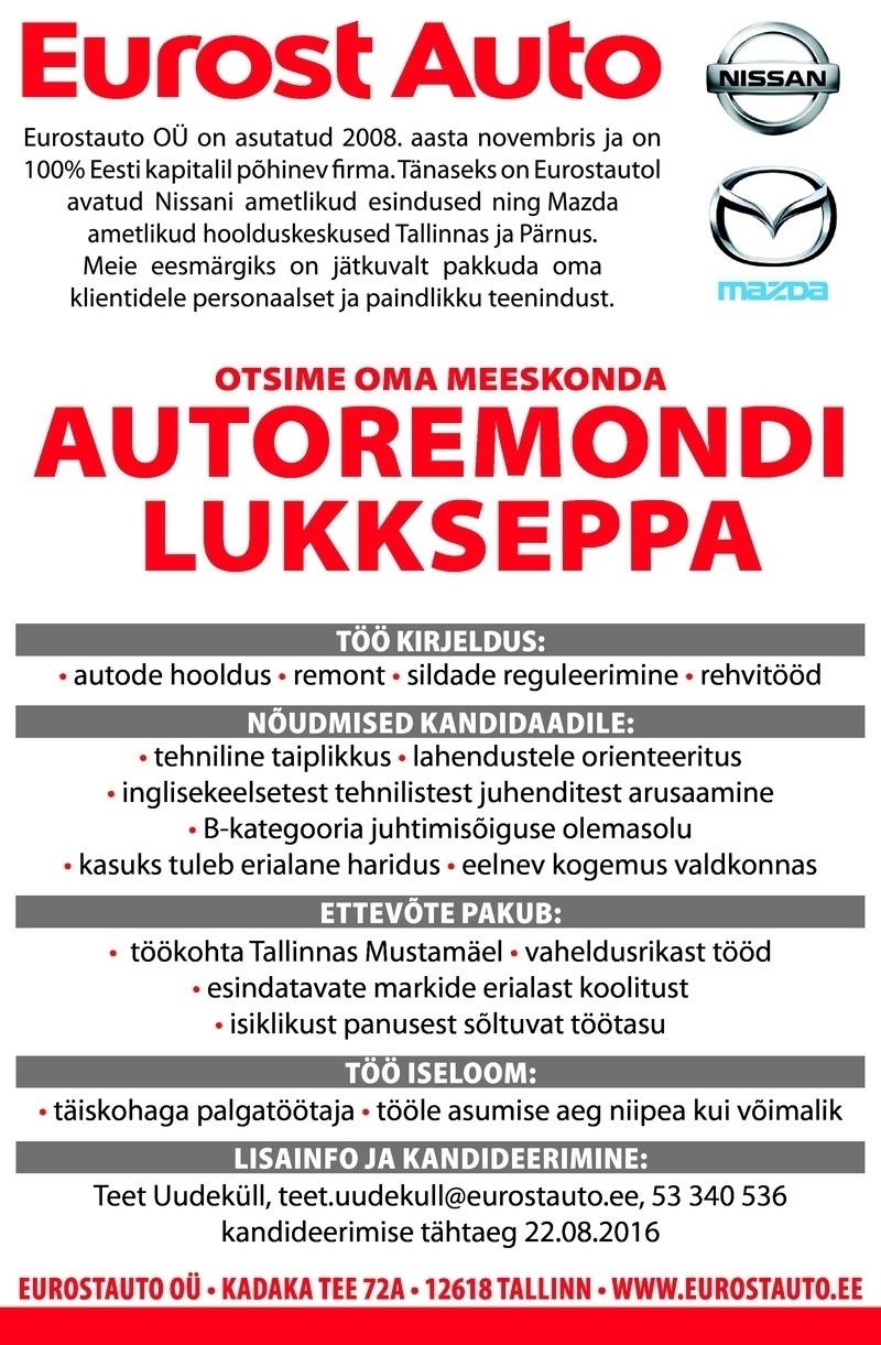 Eurostauto OÜ Autoremondilukksepp