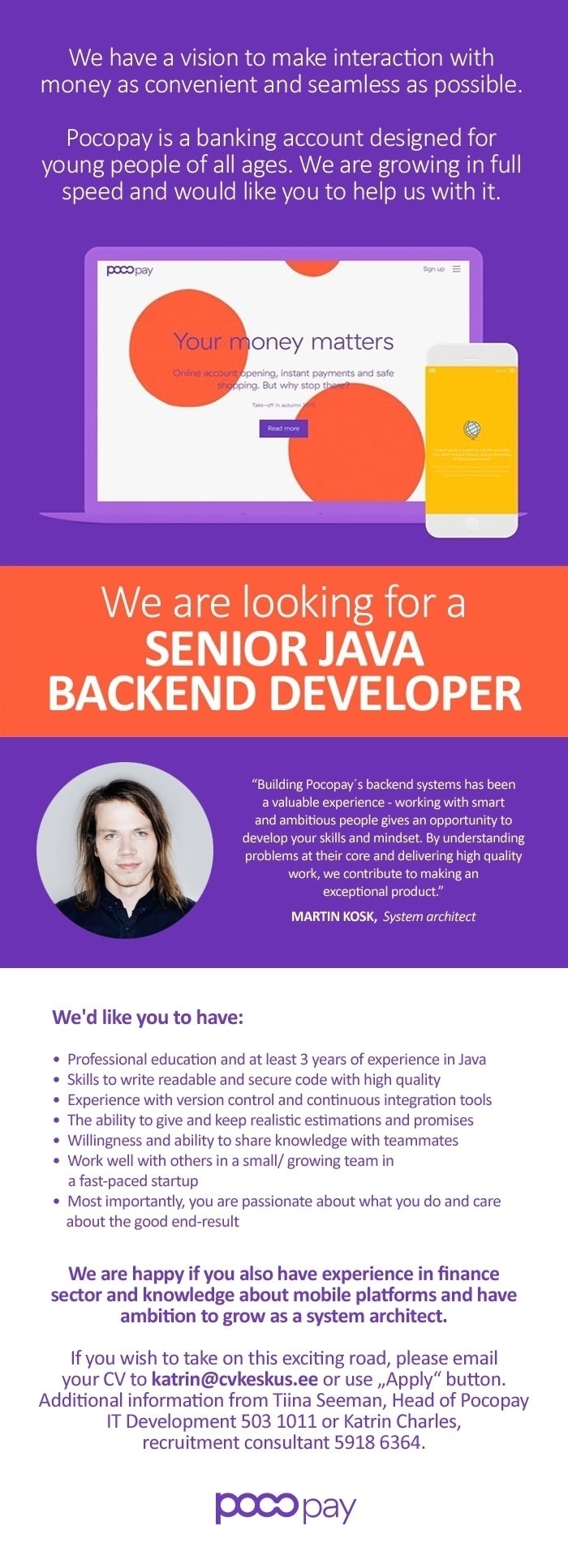 CV KESKUS OÜ Pocopay is looking for a Senior Java Backend Developer!