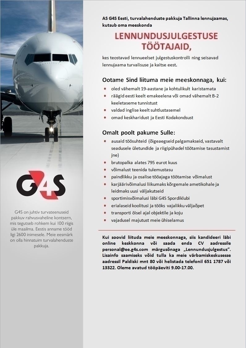 AS G4S Eesti Lennundusjulgestustöötaja (Tallinn), palk alates 795 eurot kuus