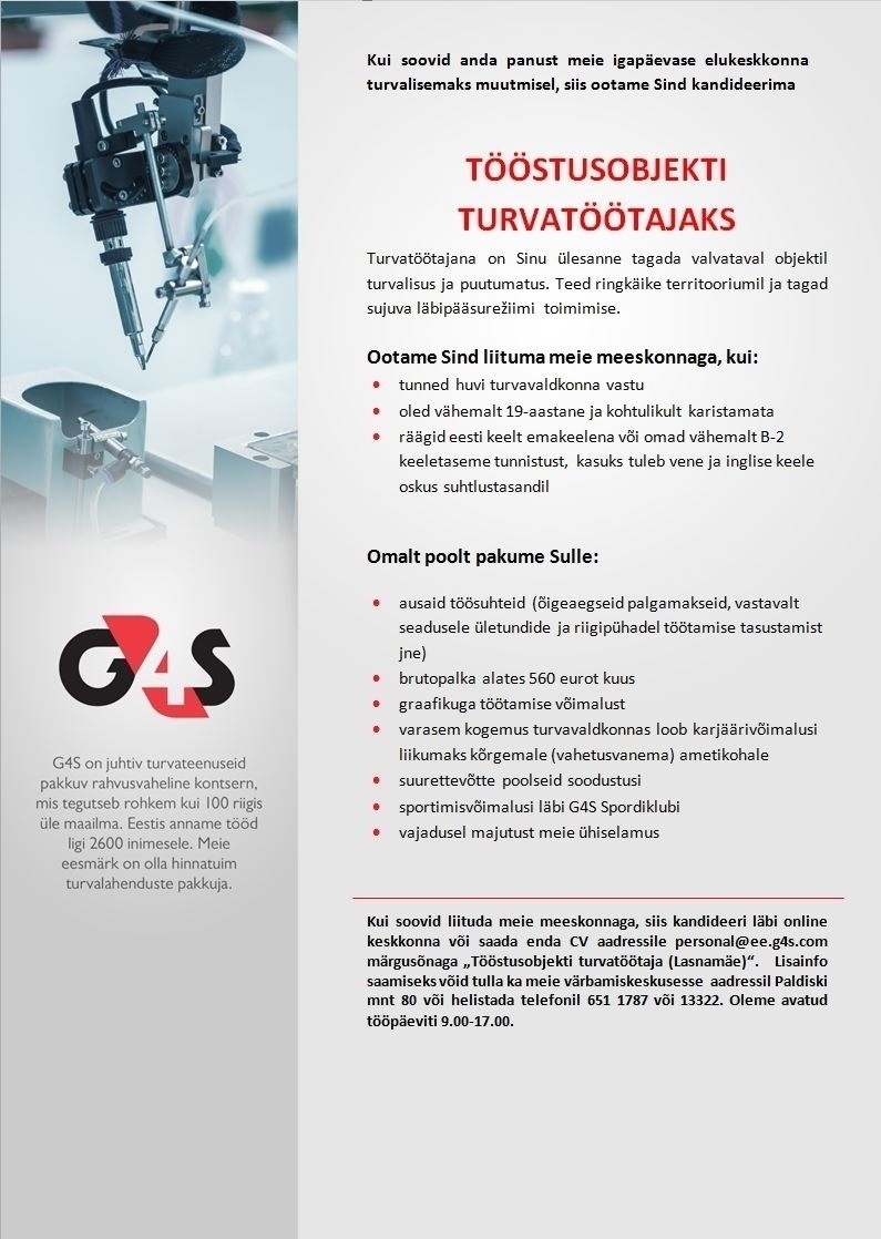 AS G4S Eesti Turvatöötaja-administraator Ericssoni tehases (Lasnamäe)
