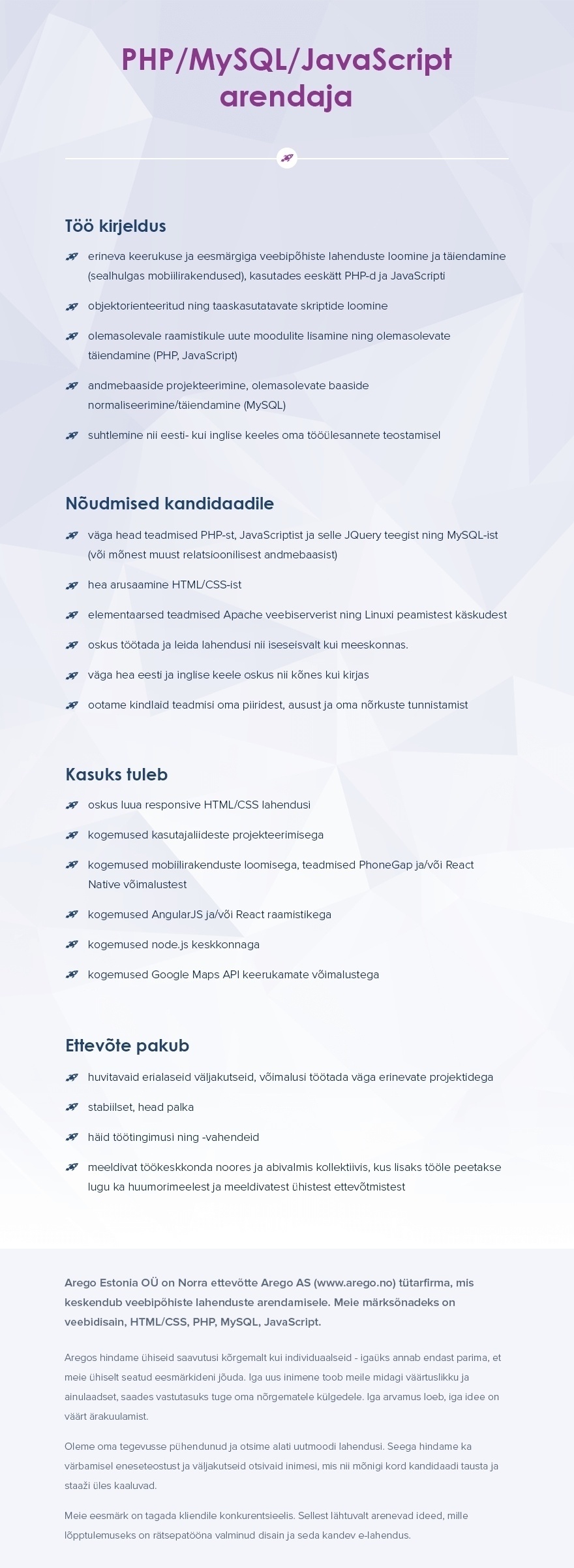 Arego Estonia OÜ PHP/MySQL/JavaScript arendaja