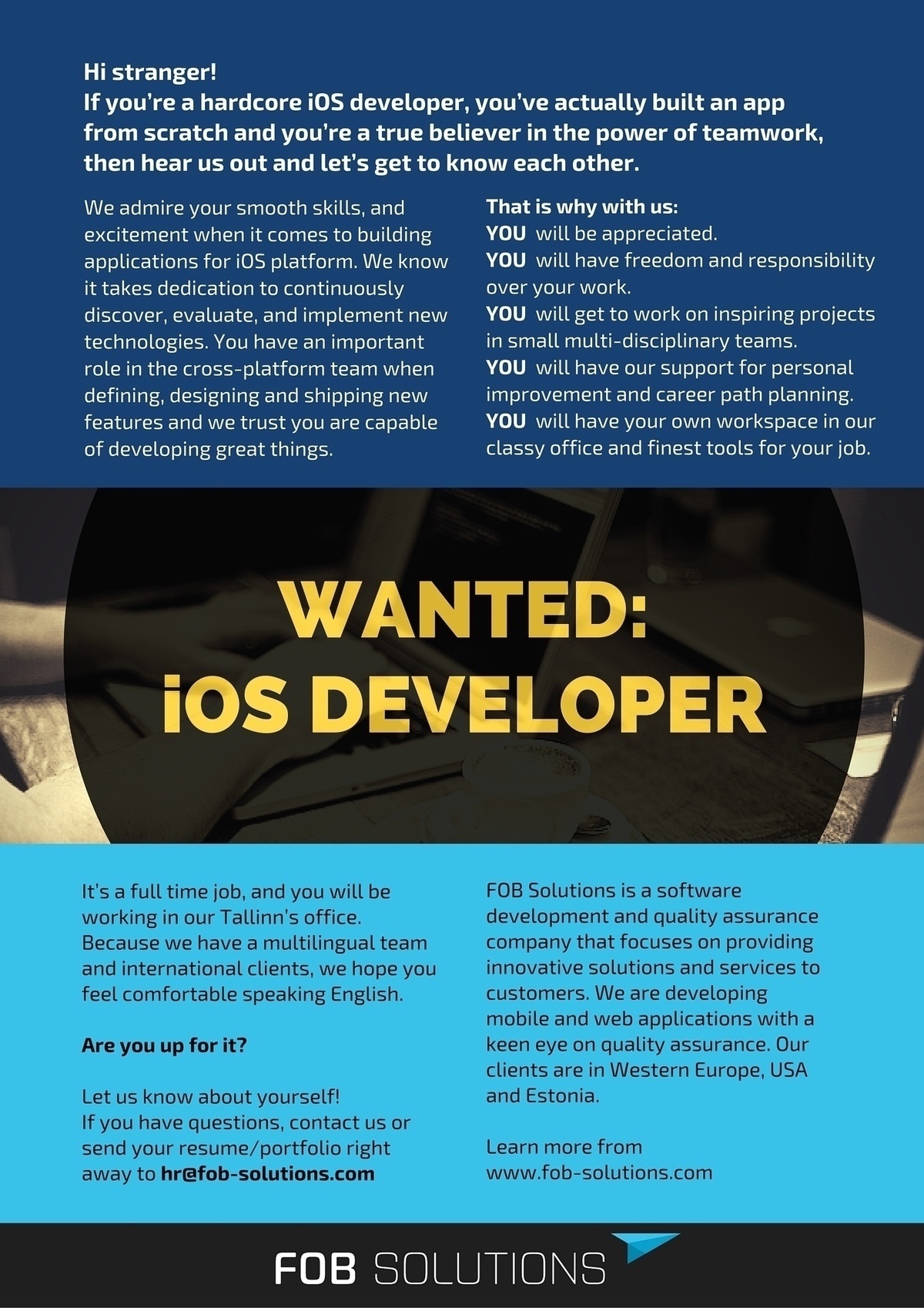 FOB Solutions OÜ Wanted: iOS DEVELOPER