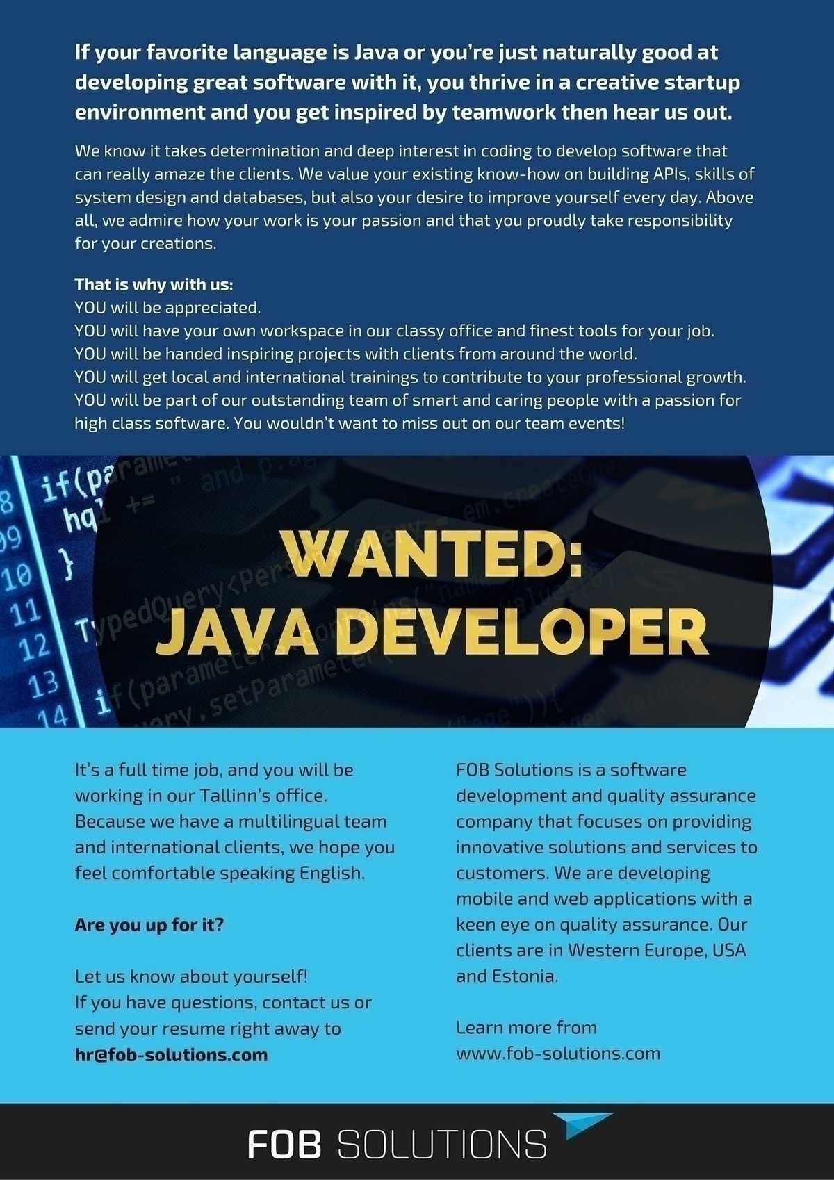 FOB Solutions OÜ Wanted: JAVA DEVELOPER