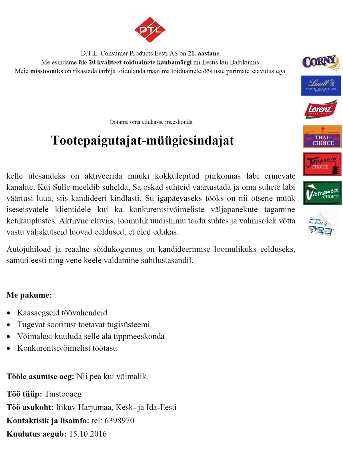 D.T.L. Consumer Products Eesti AS Tootepaigutaja-müügiesindaja