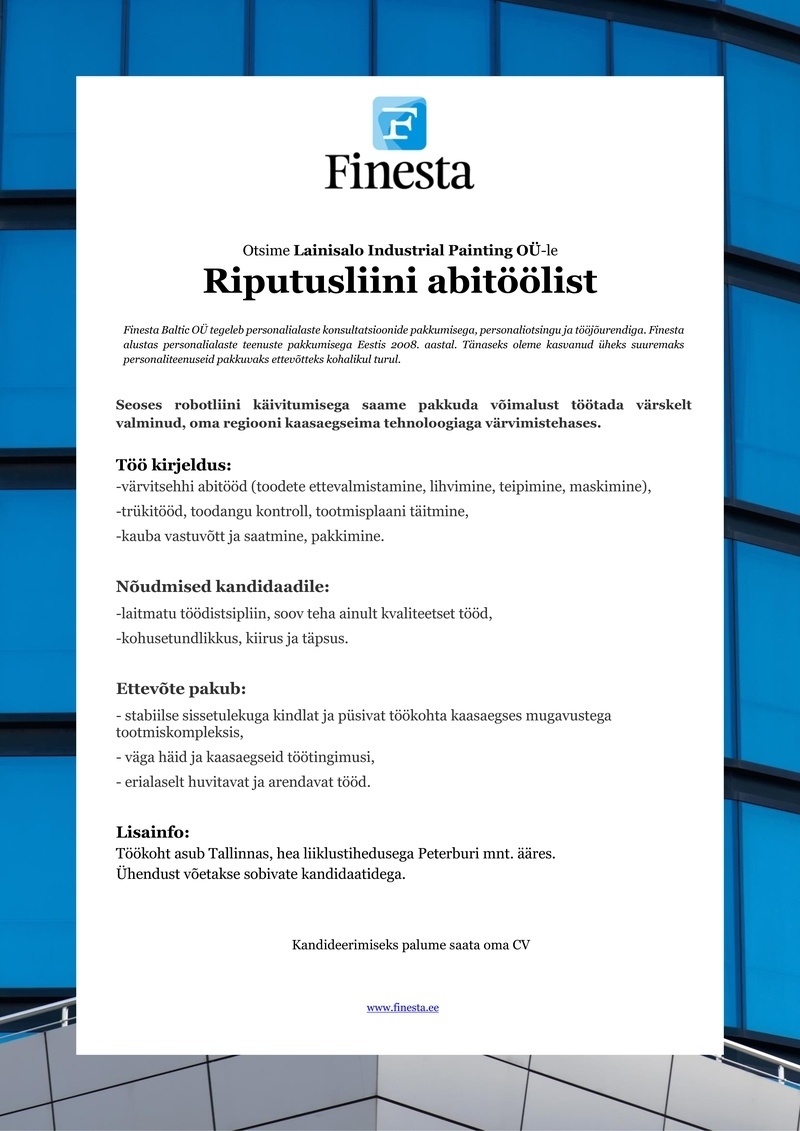 Finesta Baltic OÜ Värvimise riputusliini abitööline