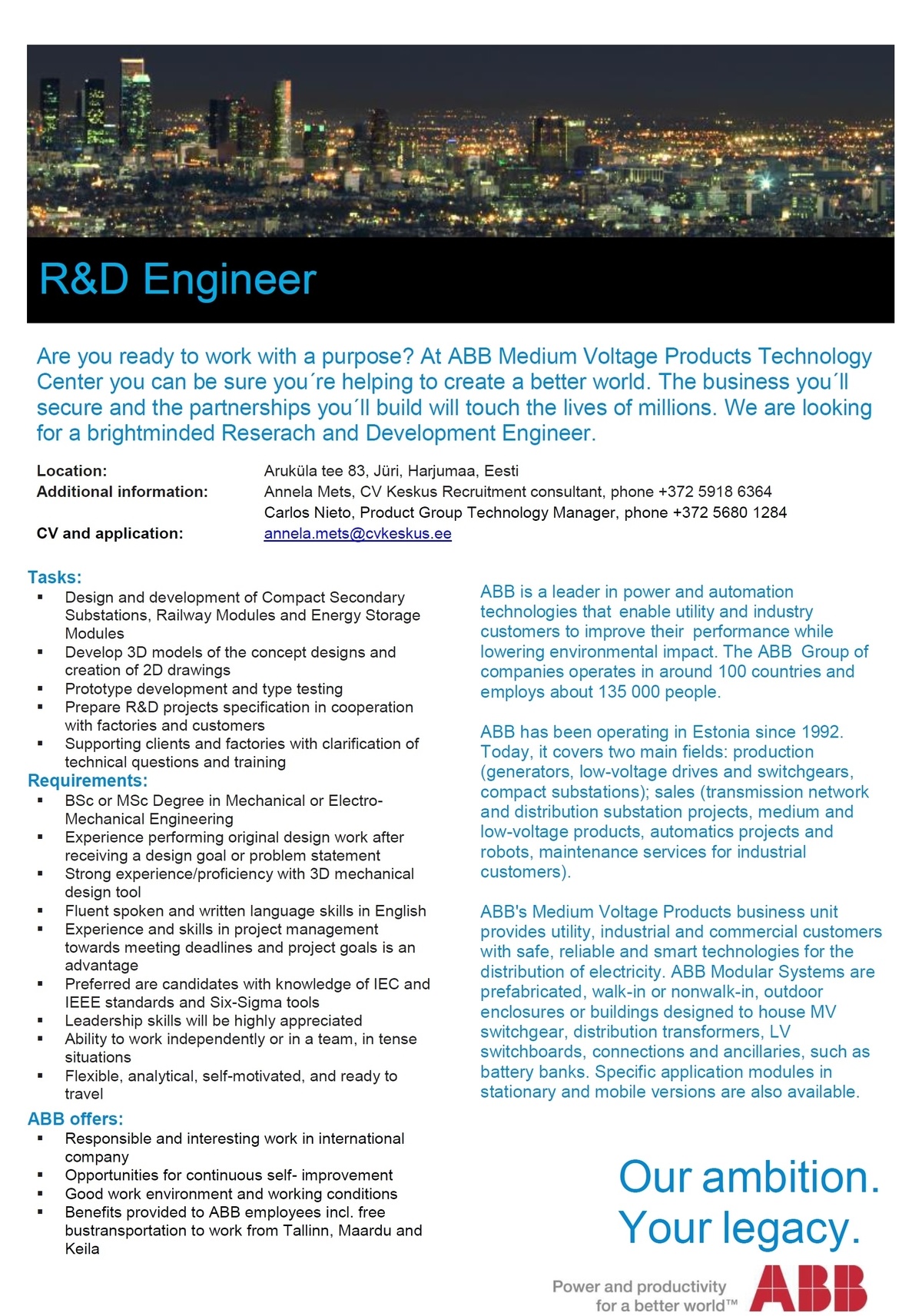 CV KESKUS OÜ ABB is looking for Research and Development Engineer