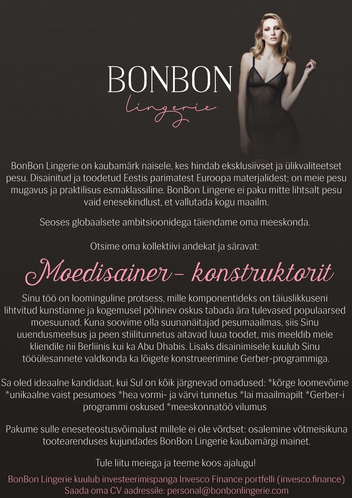 BonBon Lingerie OÜ Võtame tööle "Moedisainer - Konstruktori"!