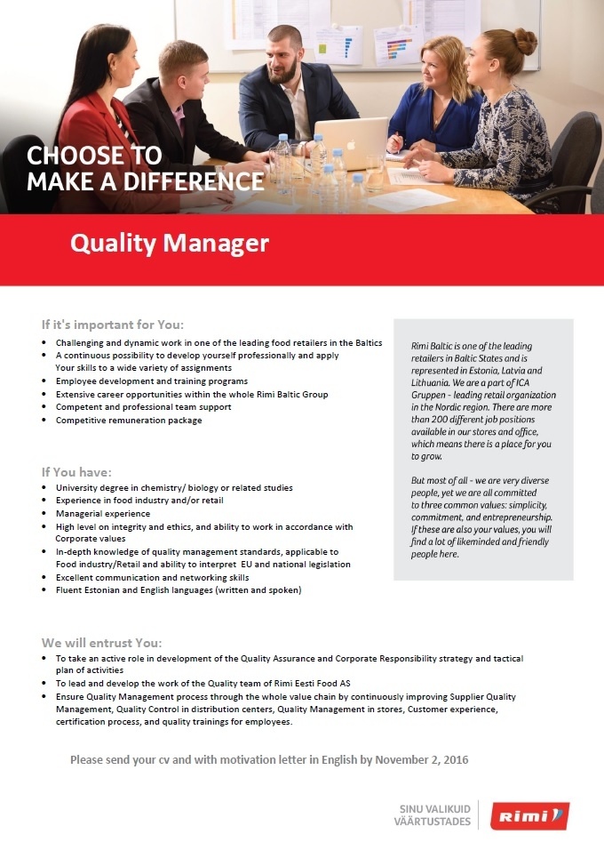 Rimi Eesti Food AS Quality Manager