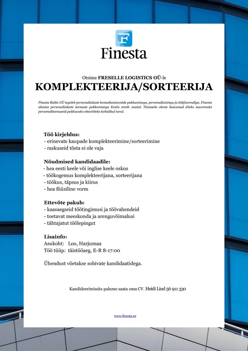 Finesta Baltic OÜ Komplekteerija/sorteerija