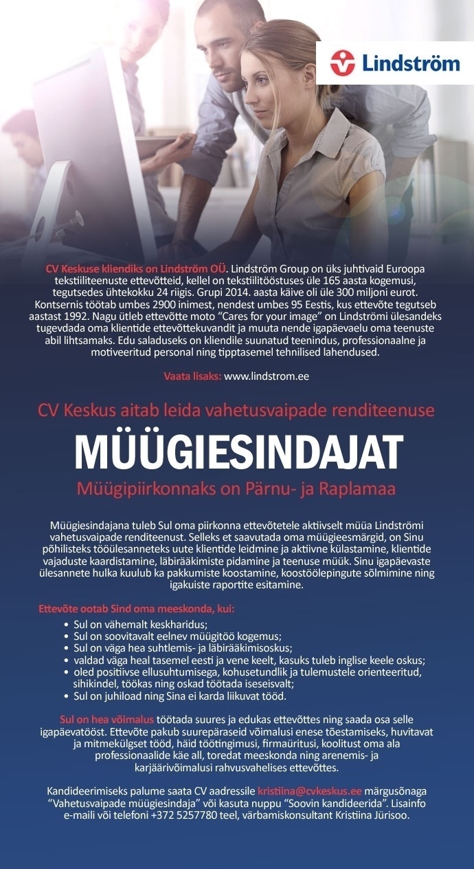 CV KESKUS OÜ Pärnu- ja Raplamaa vahetusvaipade renditeenuse müügiesindaja