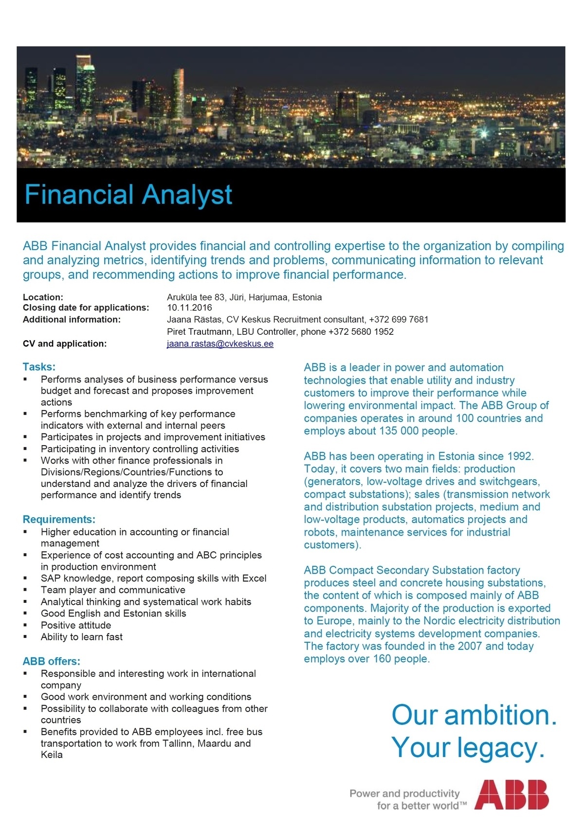 CV KESKUS OÜ ABB is looking for a financial analyst