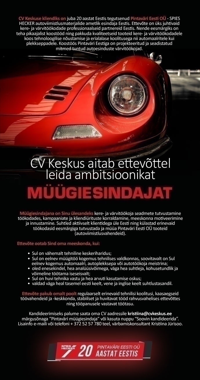 CV KESKUS OÜ Pintaväri Eesti OÜ pakub tööd müügiesindajale