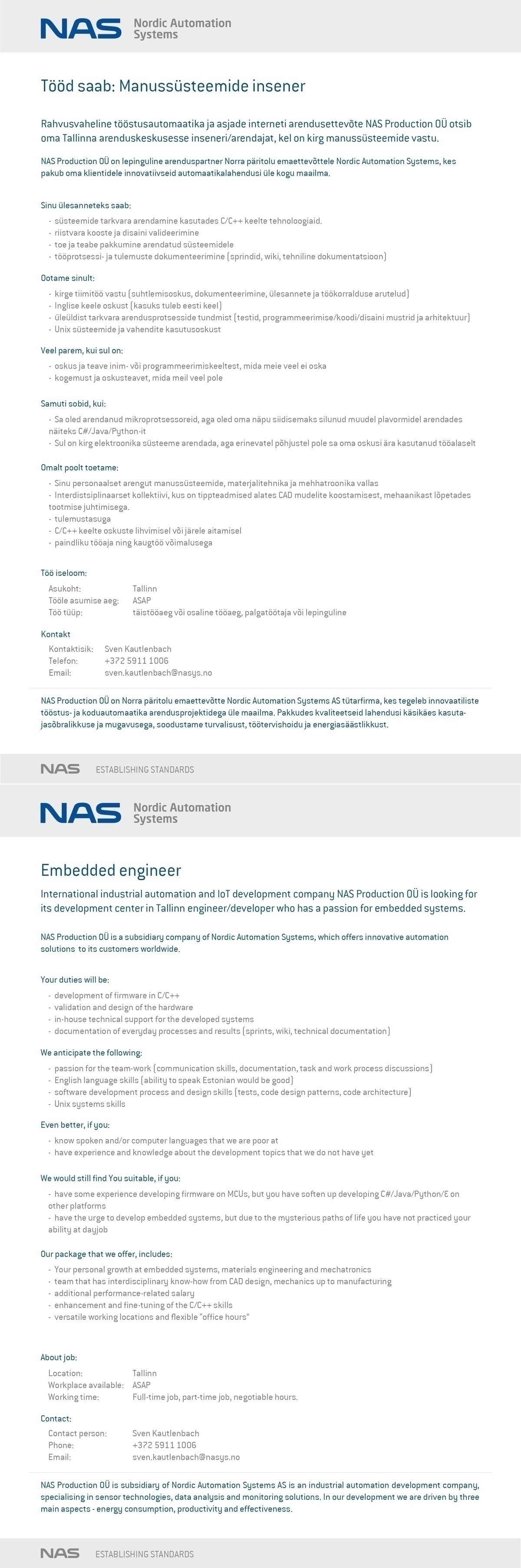 NAS Production OÜ Manussüsteemide insener / Embedded engineer