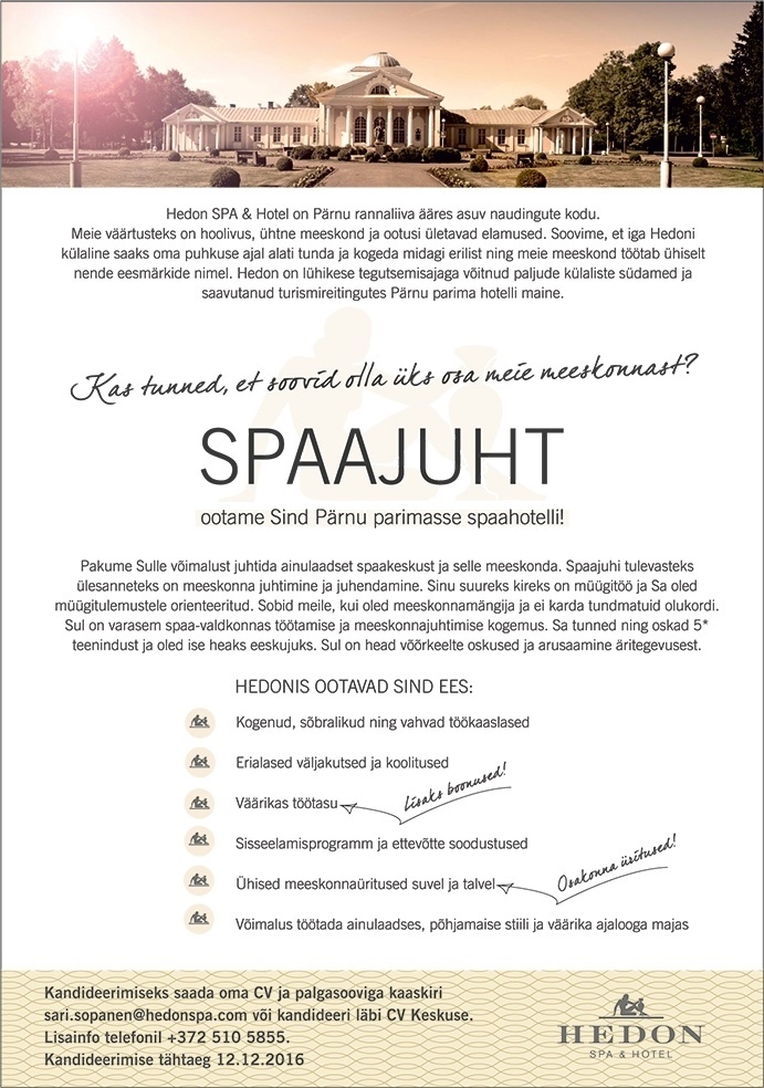 Supeluse Hotell OÜ Hedon SPA & HOTEL Spaajuht