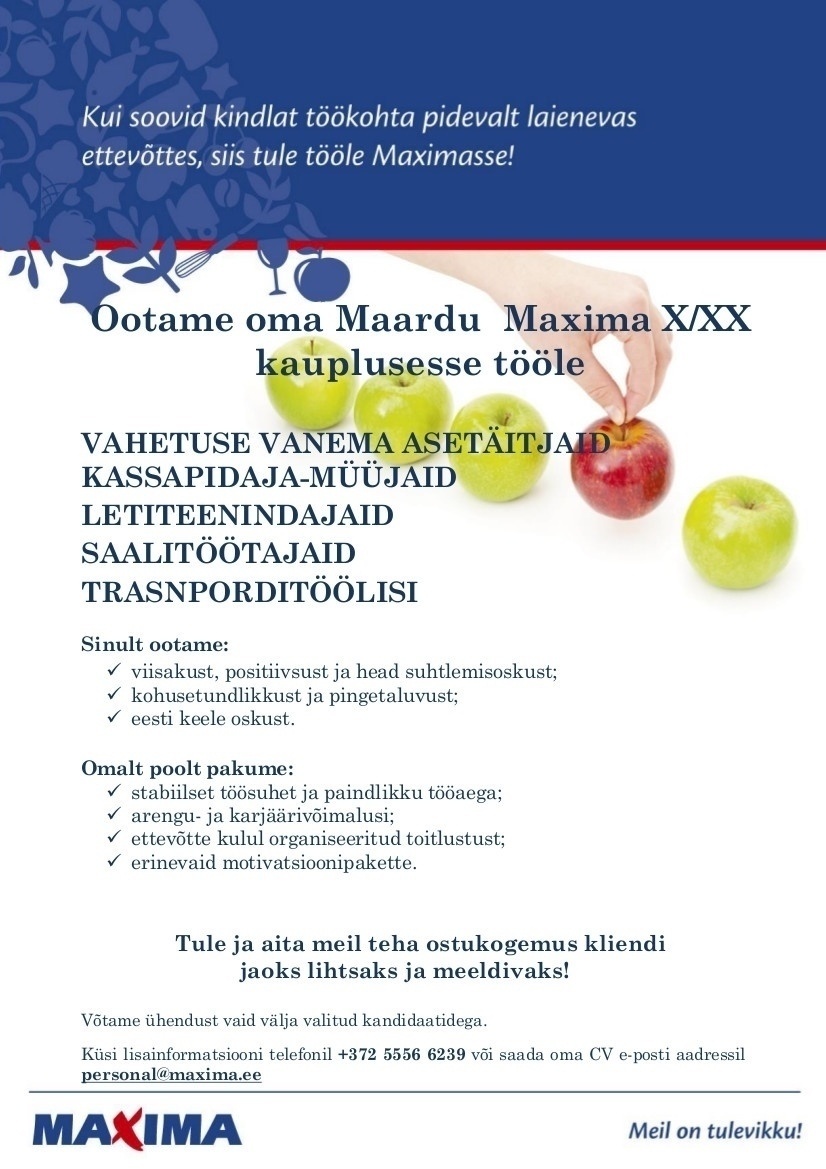 Maxima Eesti OÜ Klienditeenindaja Maardu Maxima X kaupluses