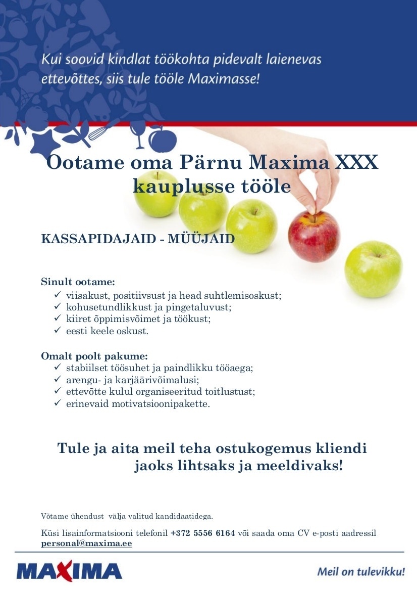 Maxima Eesti OÜ Klienditeenindaja Pärnu Maxima XXX kaupluses 