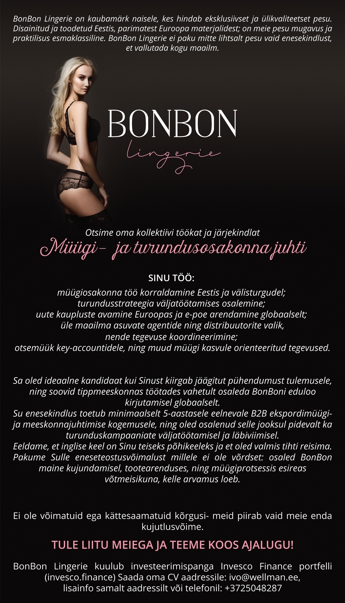 BonBon Lingerie OÜ Müügi-Turundusosakonnajuht