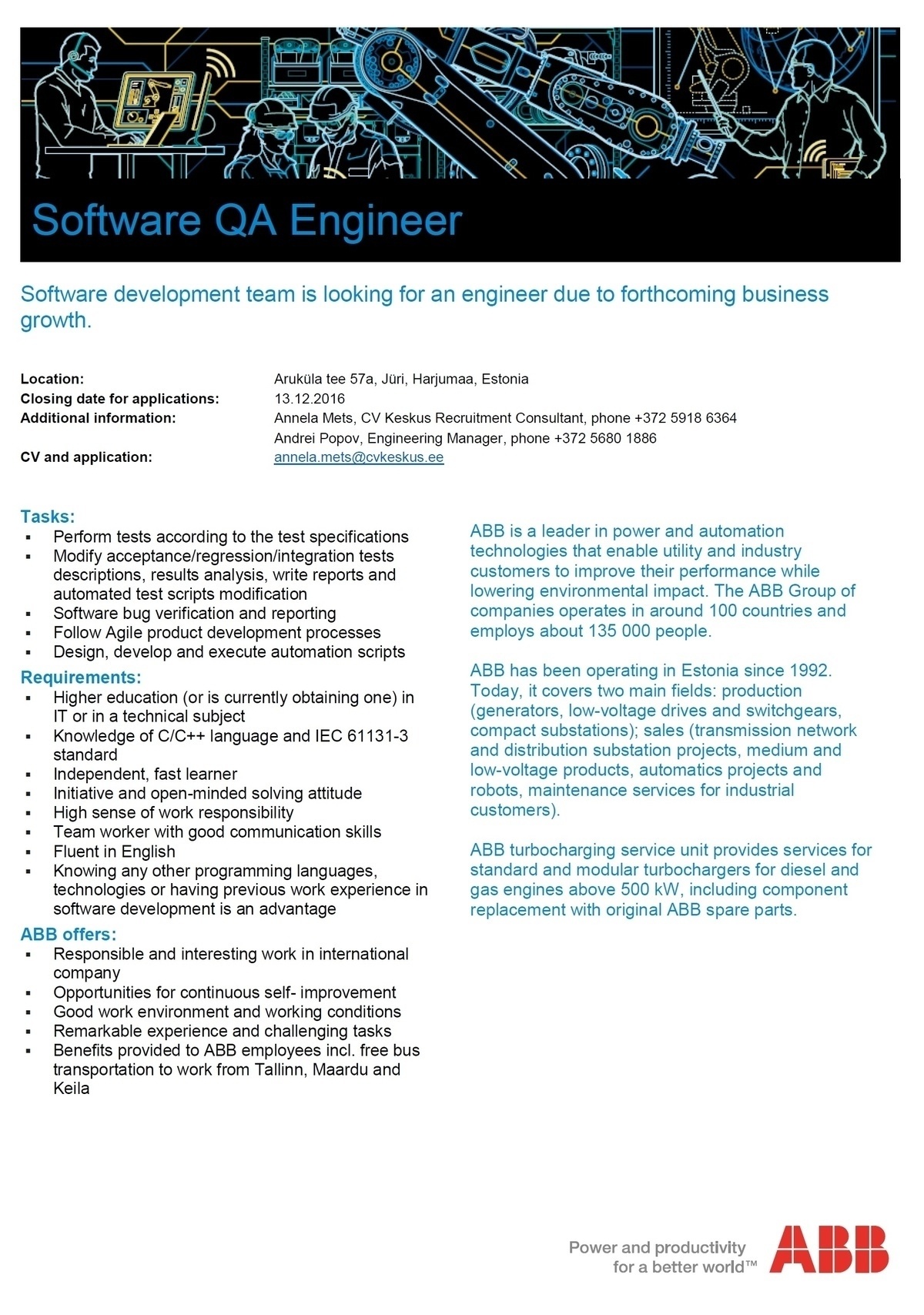 CV KESKUS OÜ ABB is looking for a Software QA Engineer
