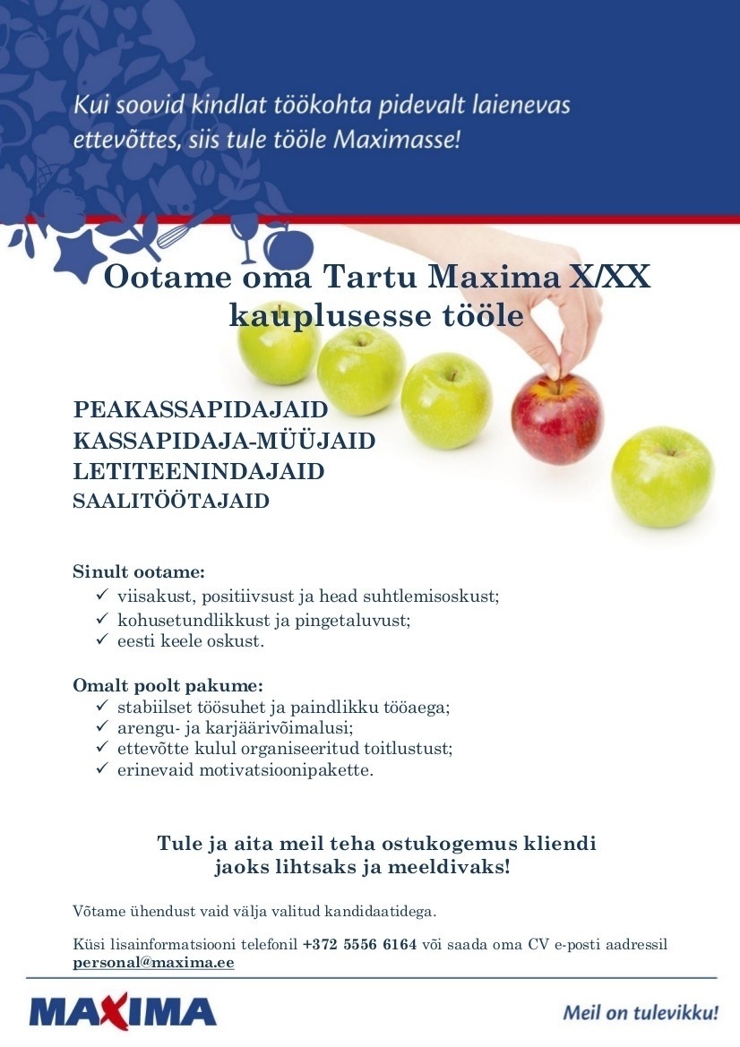 Maxima Eesti OÜ Klienditeenindaja Tartu Maxima X/XX kaupluses