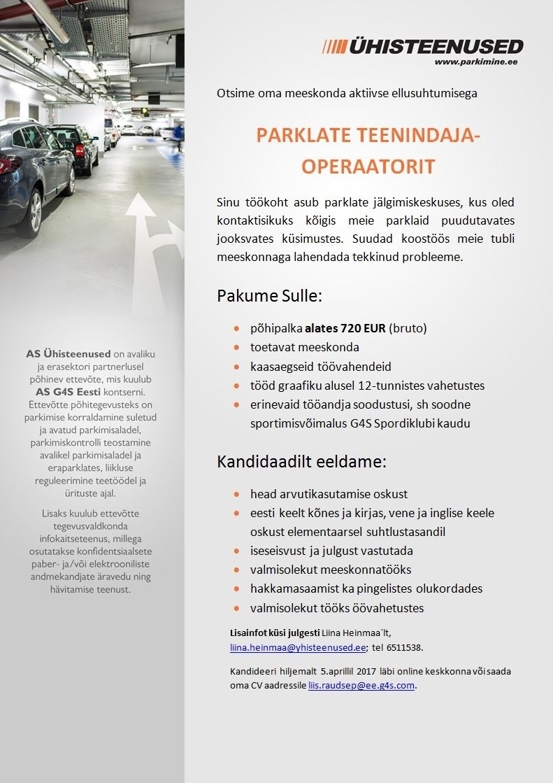 AS Ühisteenused Parklate teenindaja-operaator, palk alates 720 eurot kuus 