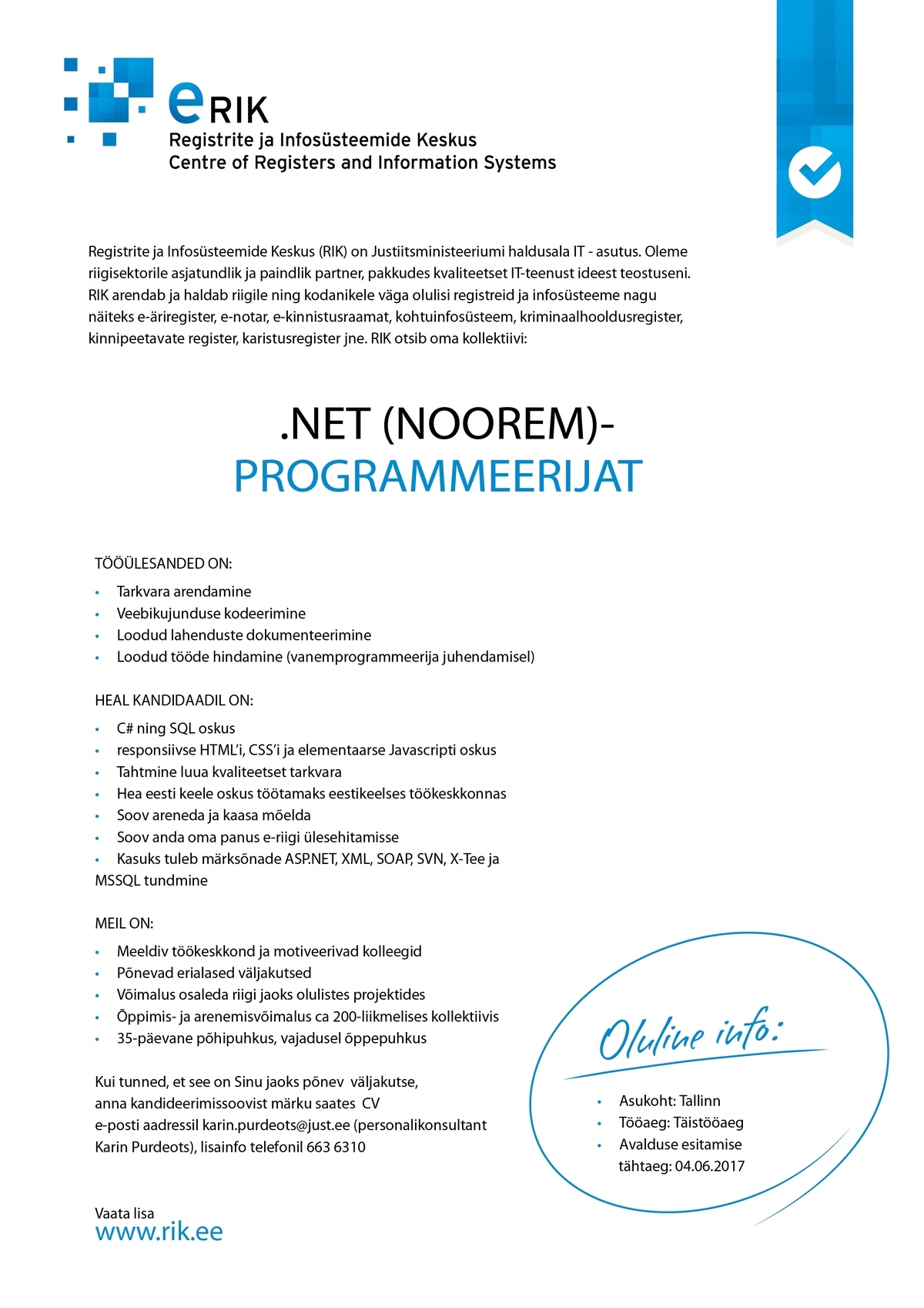 Registrite ja Infosüsteemide Keskus .NET (NOOREM)PROGRAMMEERIJA